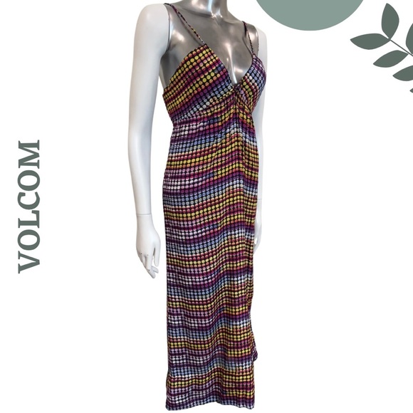 🛍️3/$40 Volcom Smocked Back Maxi Sundress | Festival | Multicolor Strappy Medium - Picture 3 of 8